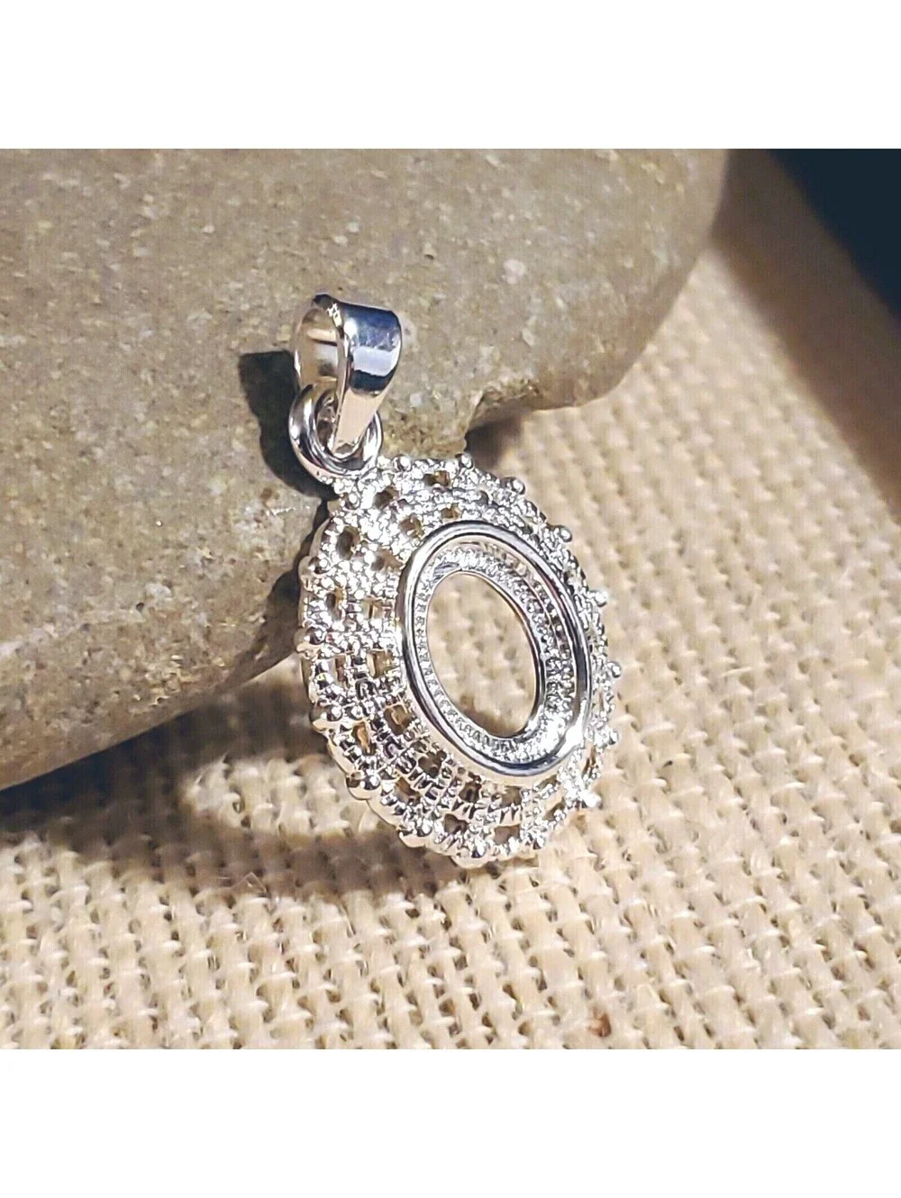 Sterling Silver Plated Art Nouveau Filigree 10x8mm Oval Cabochon Pendant Setting